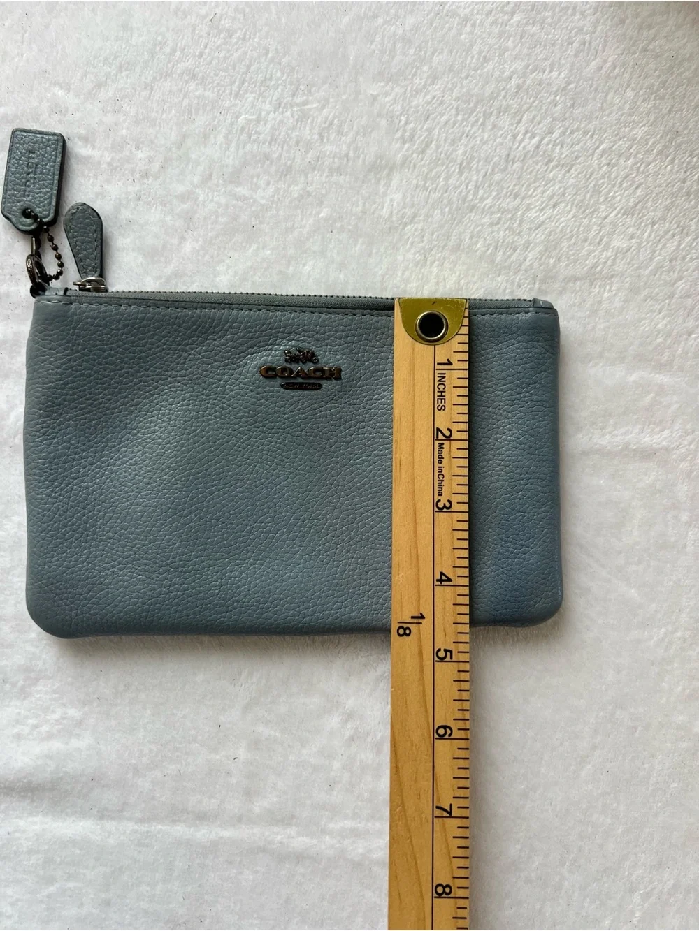 Coach Leather Women Wristlet in Slate Blue with Metallic Hardware Coin Purse